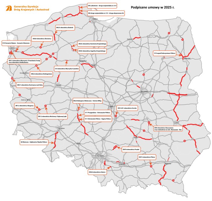 Odcinki z podpisanymi umowami. Źródło: GDDKiA